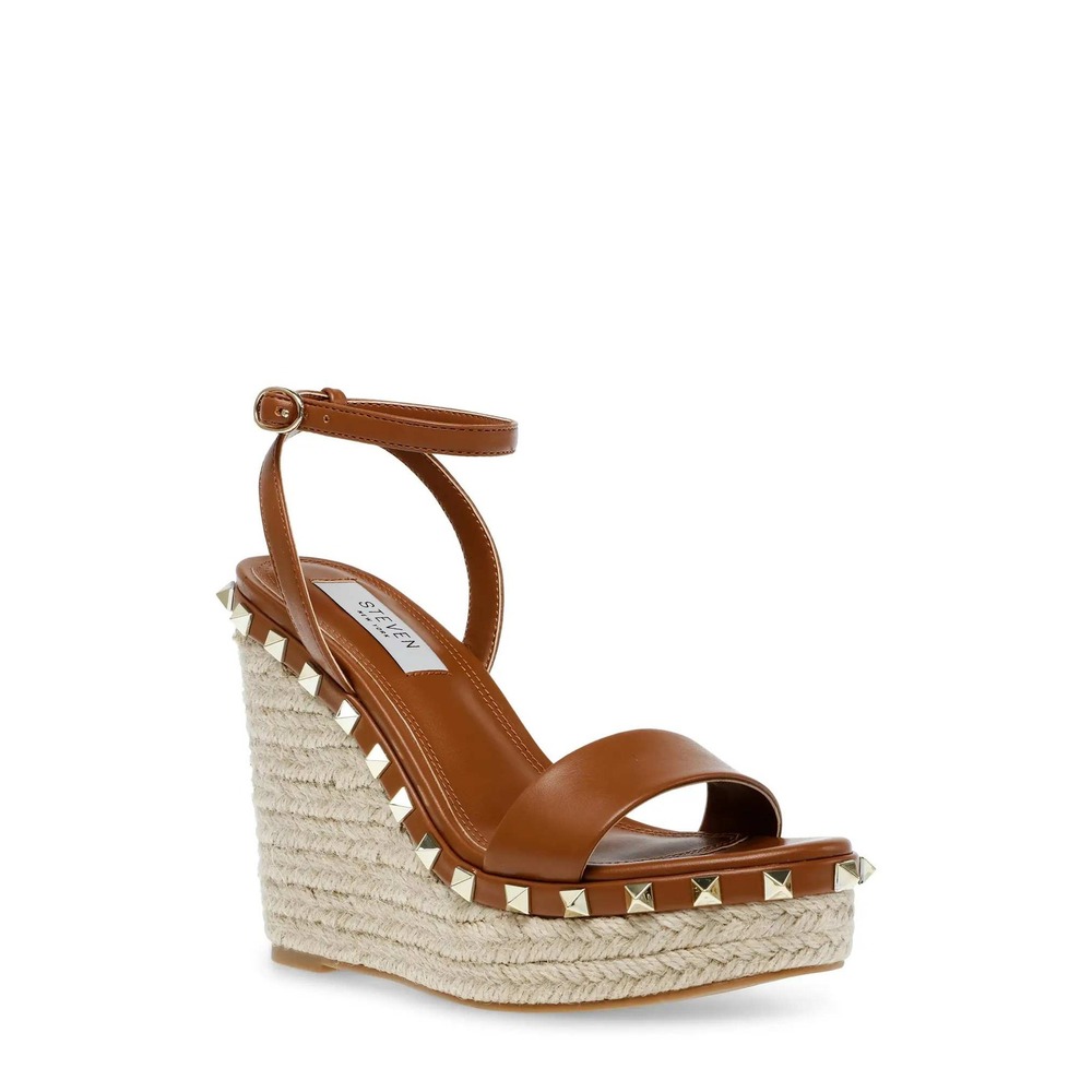 Steven New York  Cognac Brown Shelly Studded Wedge Sandals Espadrille 7M